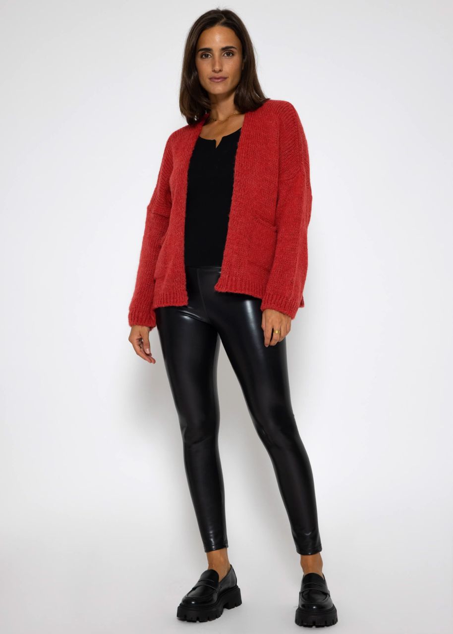 Knitted cardigan with patch pockets - red