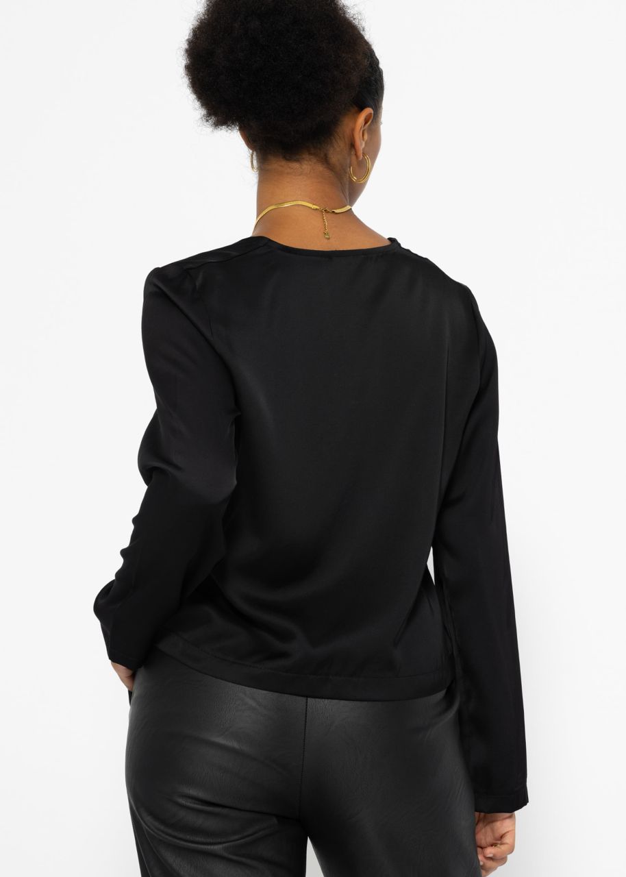 Satin blouse with tie ribbons - black