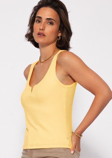 Ribbed top with V-neck - yellow