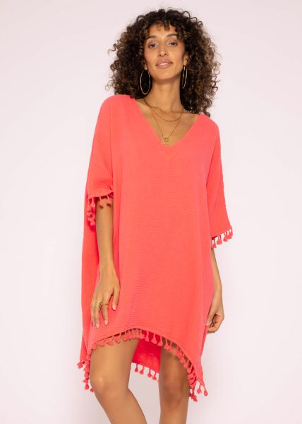 Muslin tunic with tassels, coral