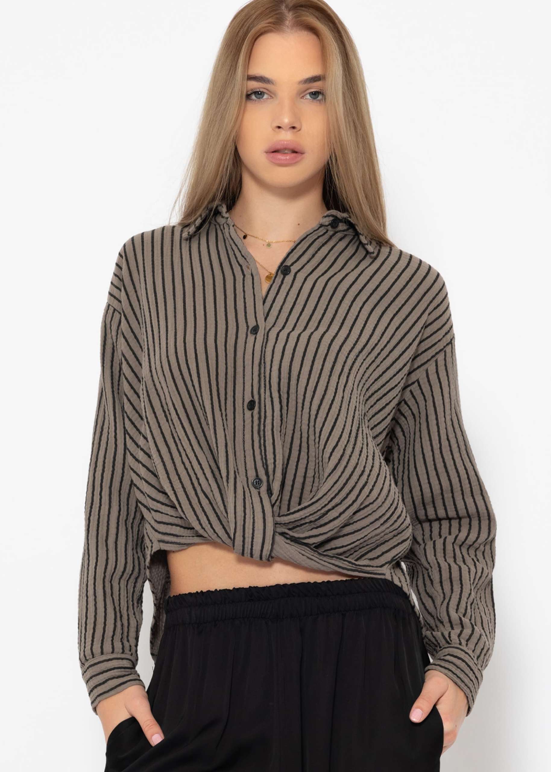 Striped muslin blouse with knot - taupe-black