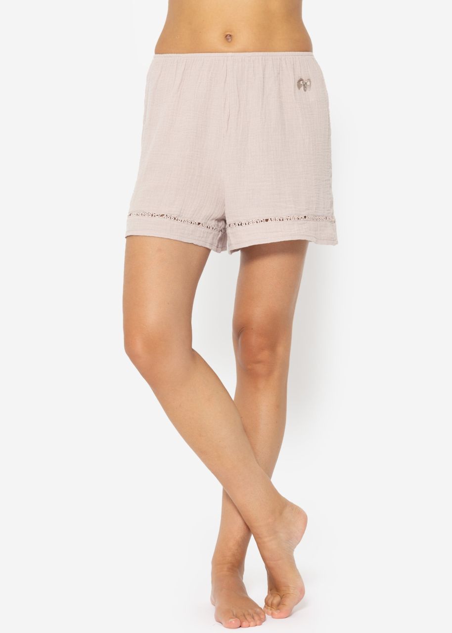 Muslin pyjama shorts with lace trim - dusky pink