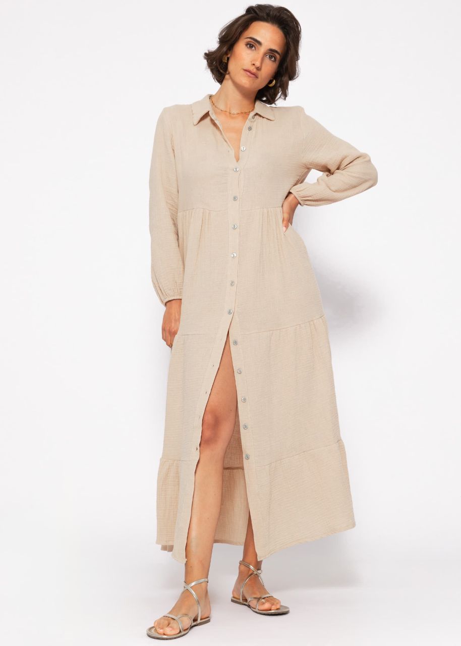 Muslin maxi dress with flounces - beige