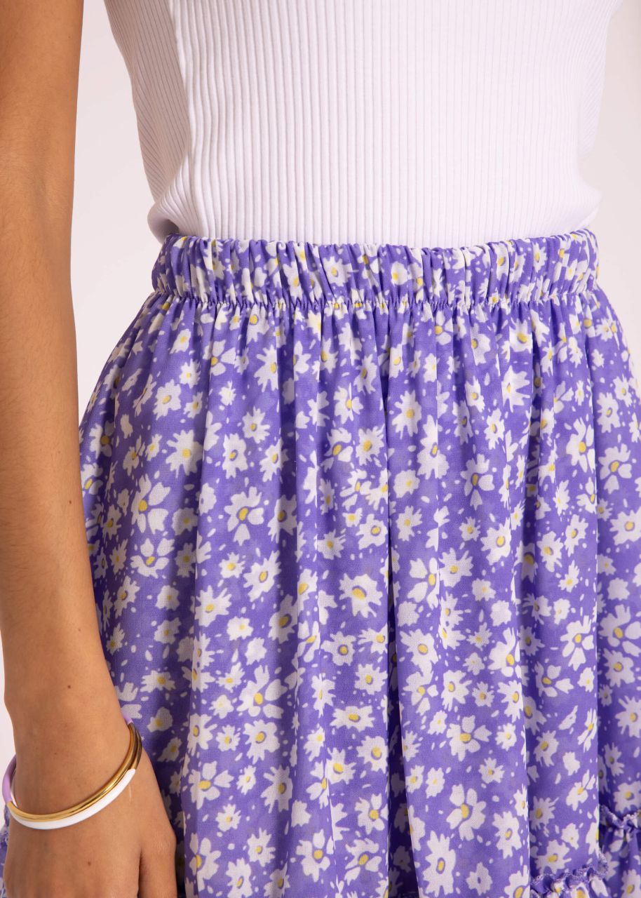 Flounce skirt with ruffles and floral print, purple