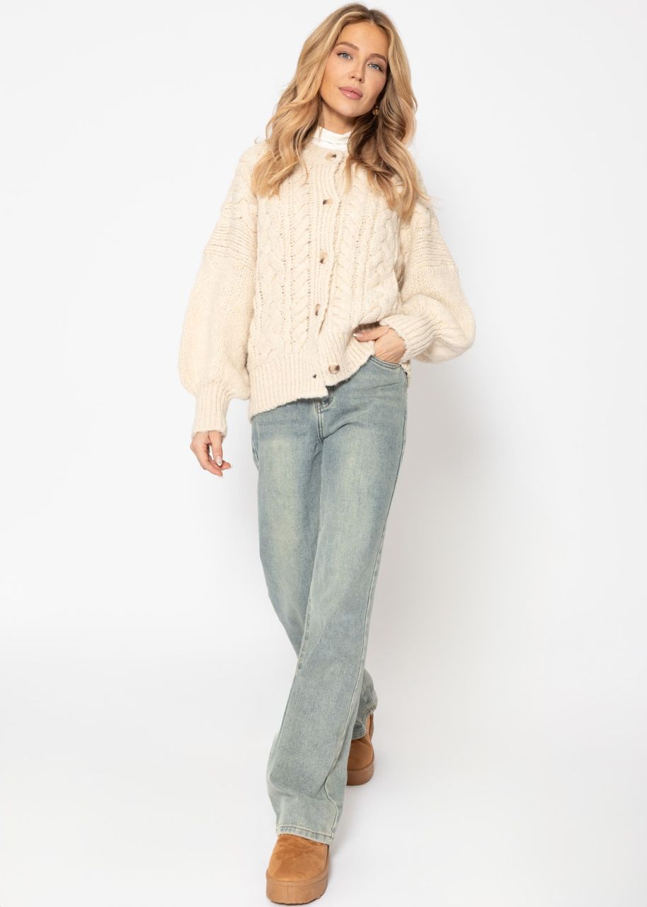 Super fluffy cardigan with cable knit pattern - cream white