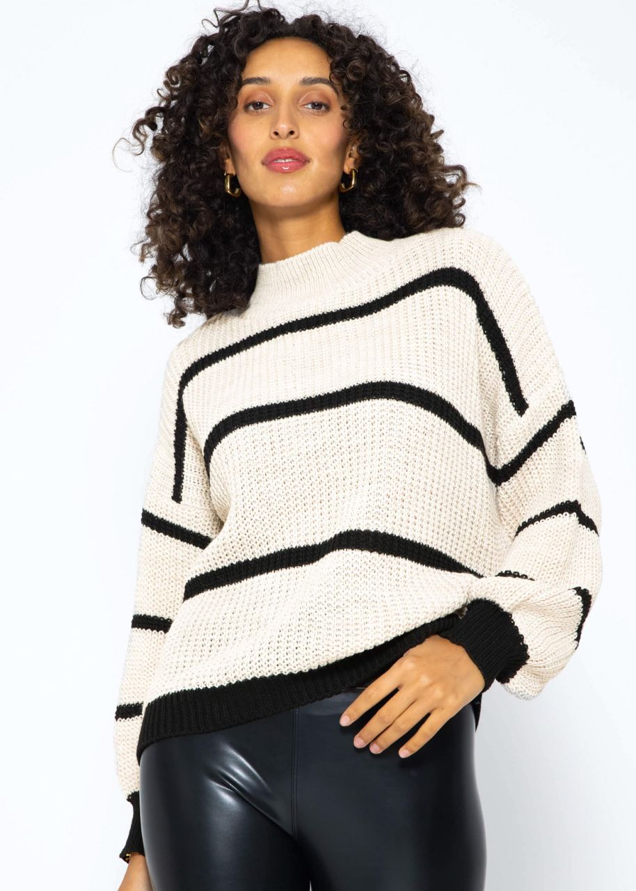 Striped turtleneck jumper - light beige-black