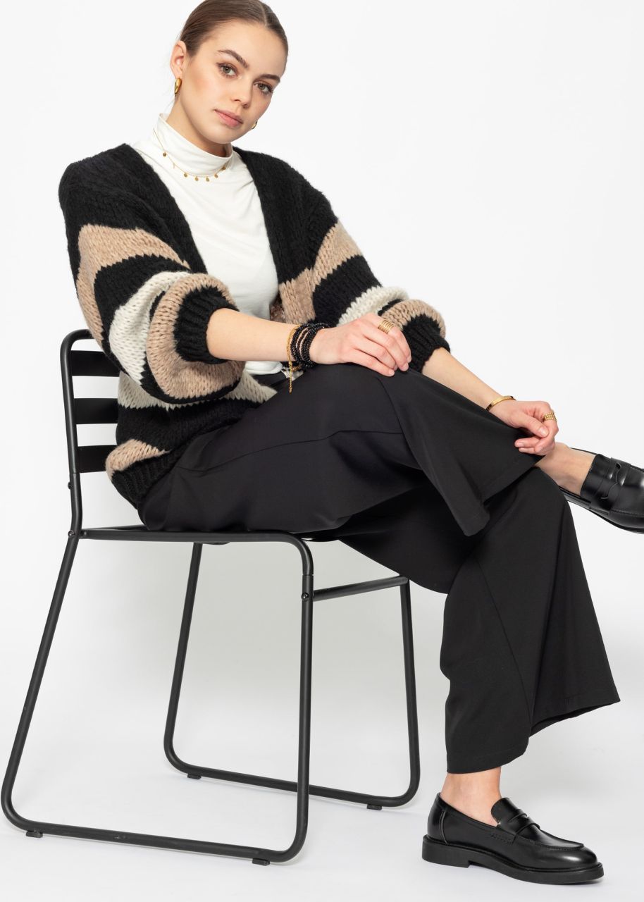 Striped cardigan with balloon sleeves - black-camel-offwhite