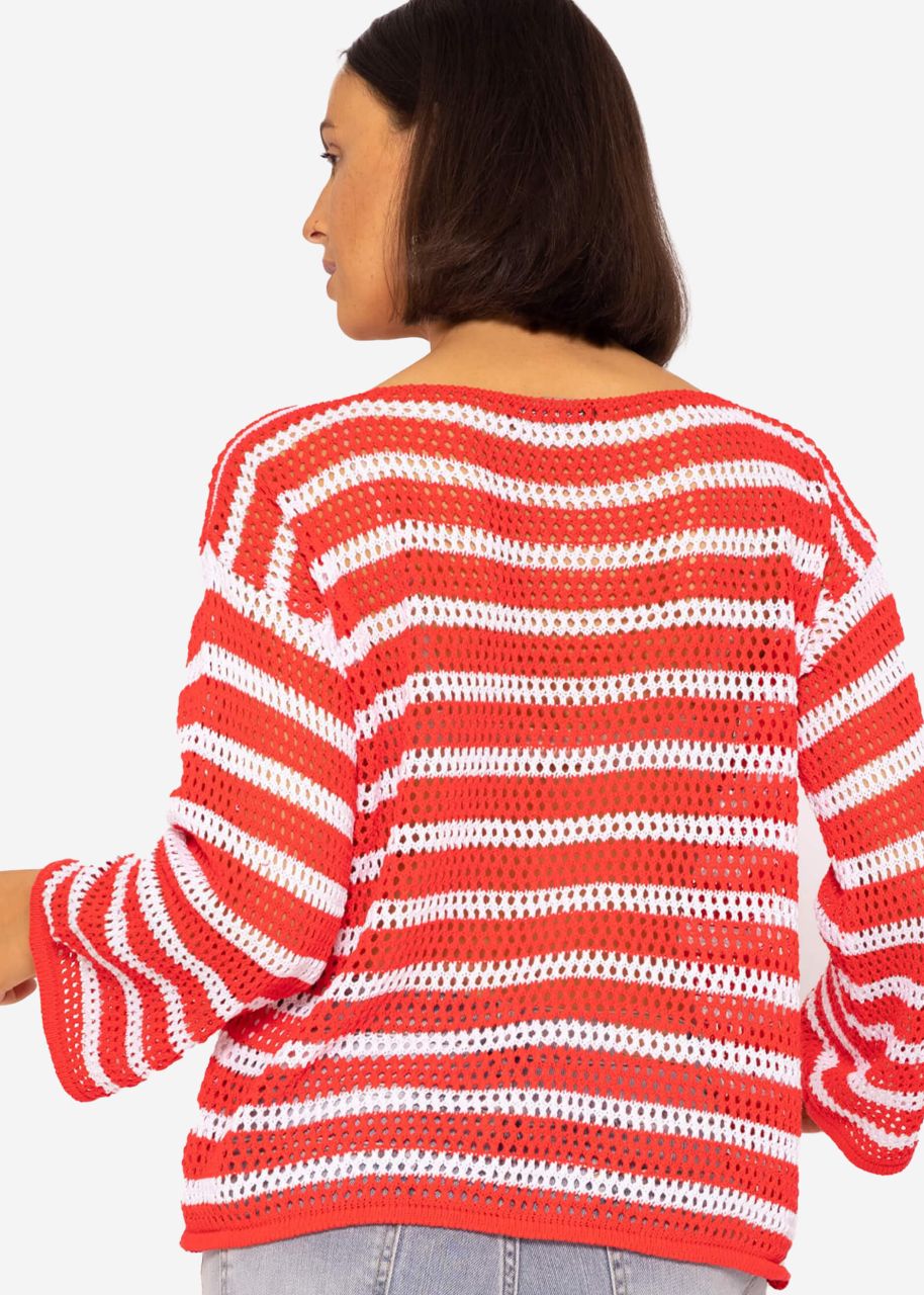 Stripe Crochet Sweater, Red-White