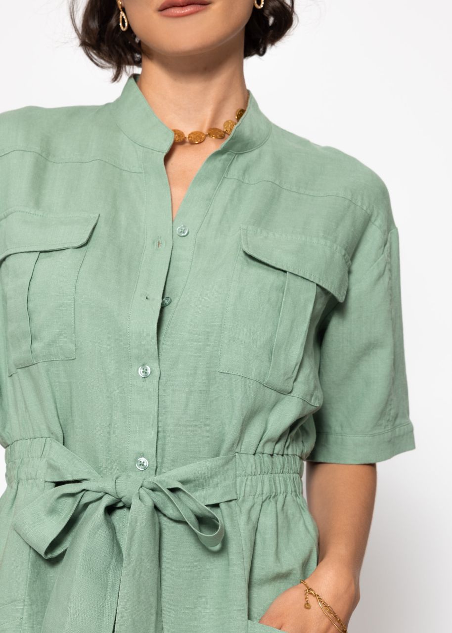 Linen jumpsuit with tie belt - sage green