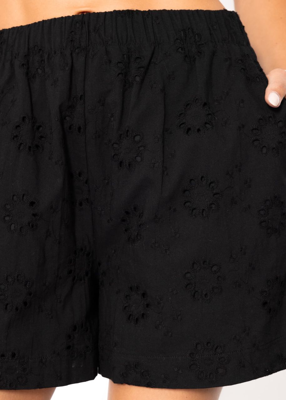 Shorts with eyelet embroidery - black