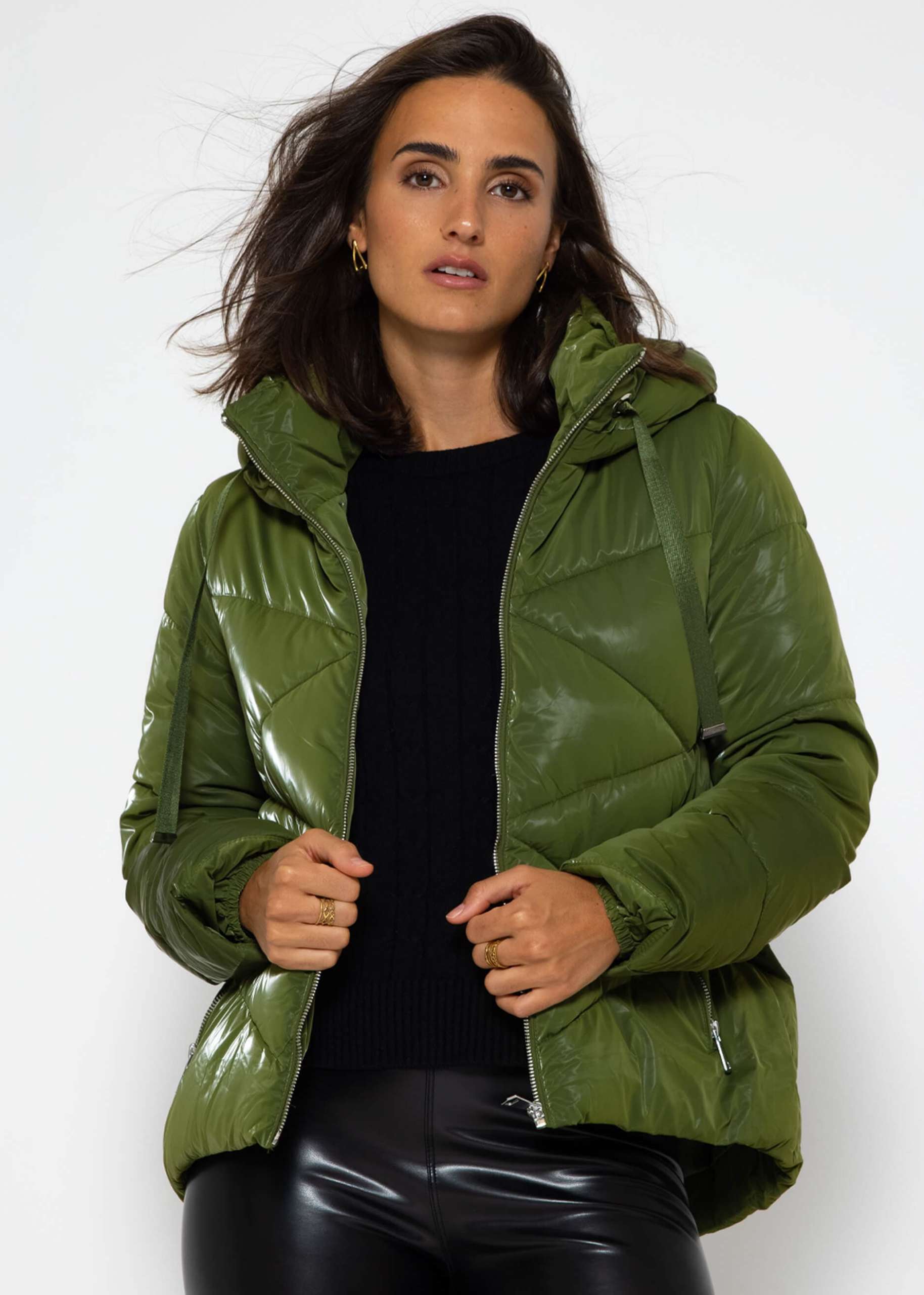 Puffer jacket with hood - khaki