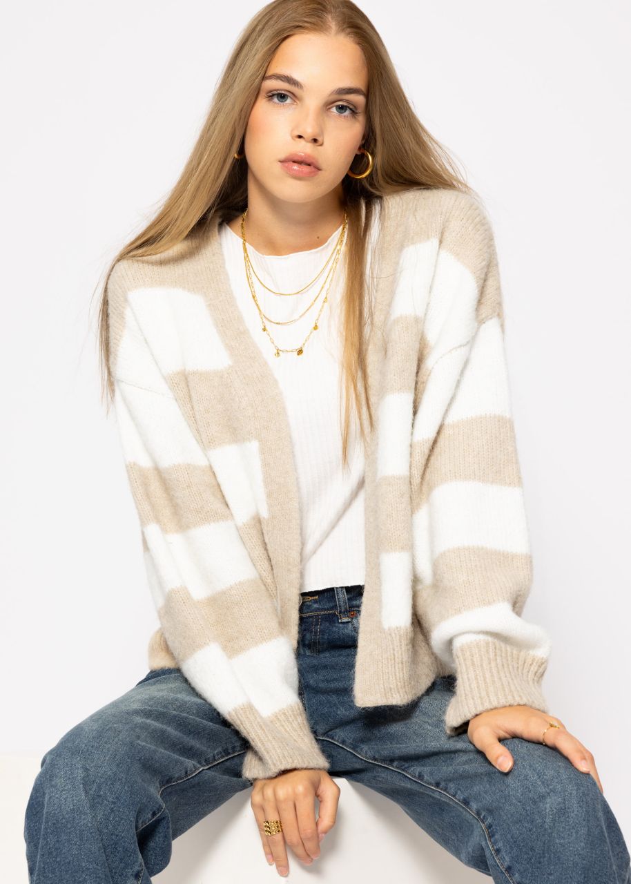 Oversize cardigan with block stripes - beige-offwhite