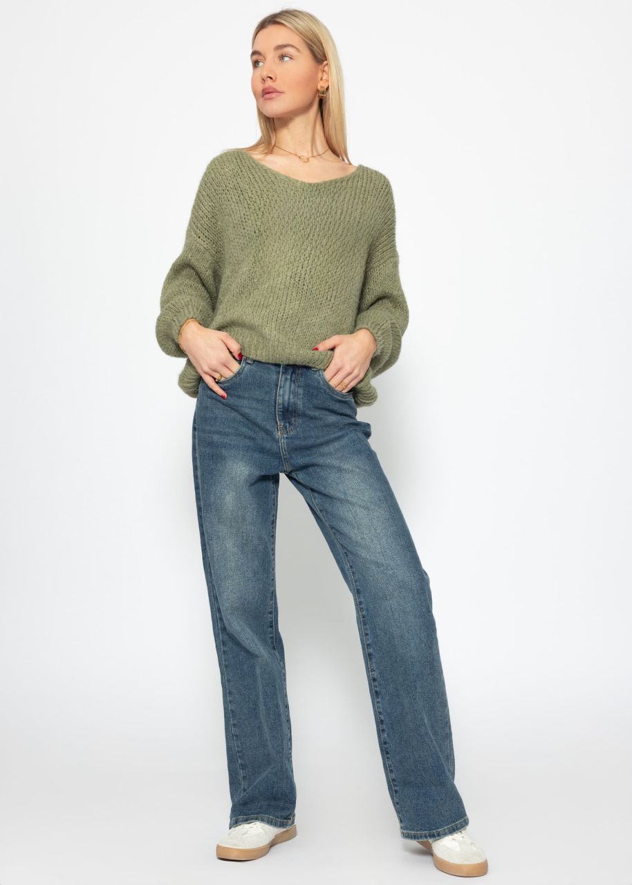 Oversized jumper with V-neck - khaki