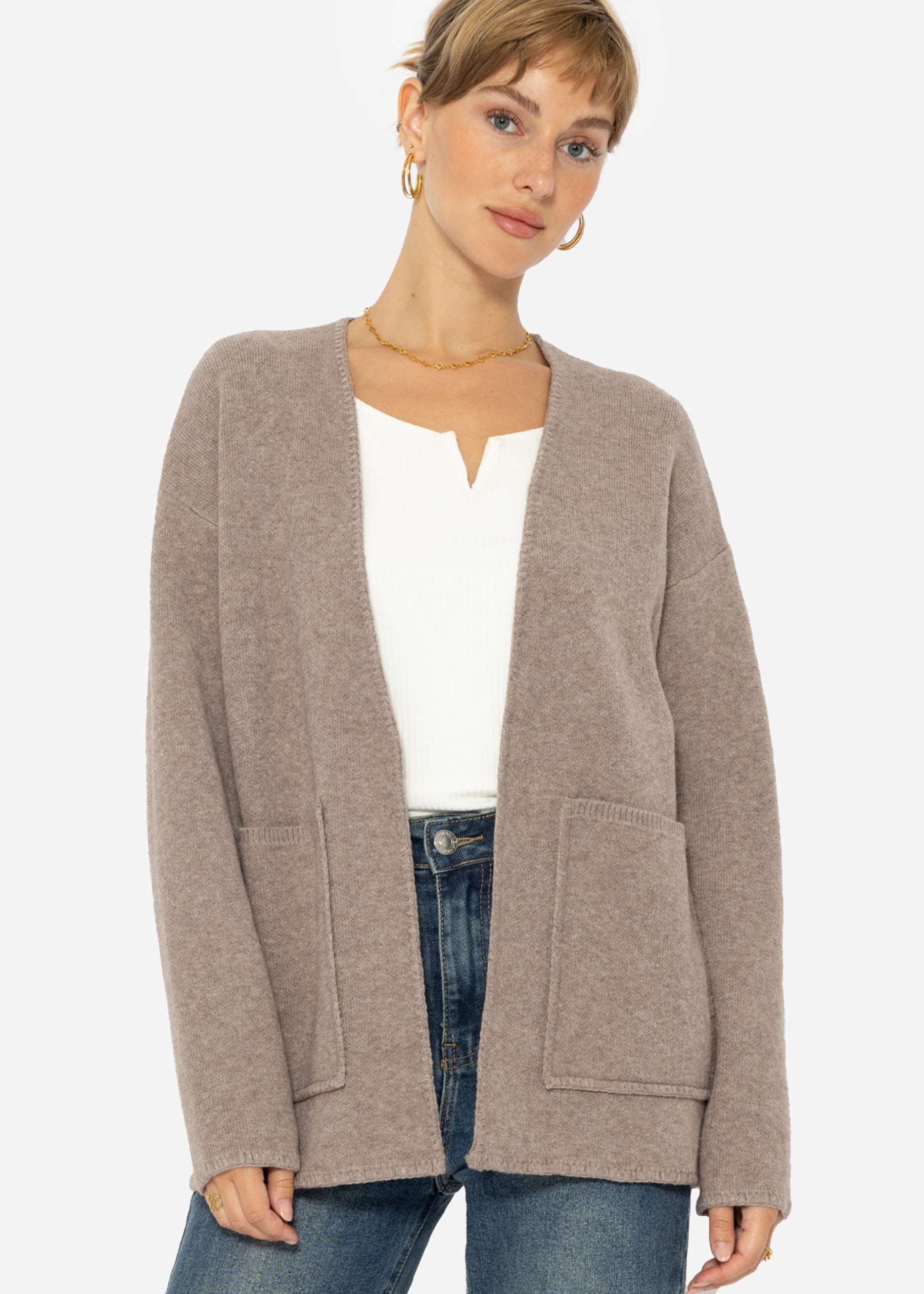 Open cardigan with patch pockets - taupe