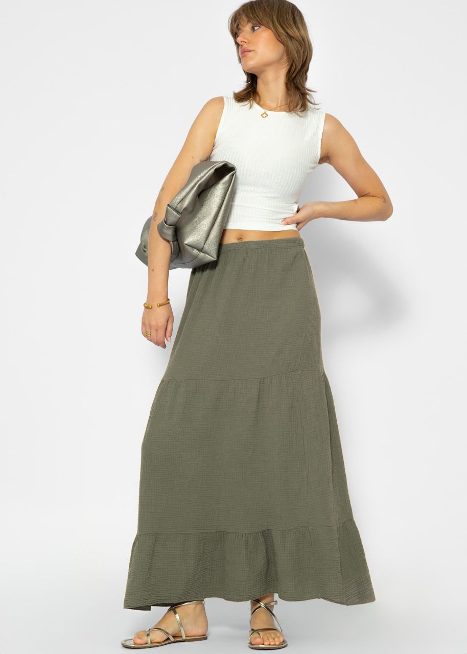 Muslin maxi skirt with flounces - khaki