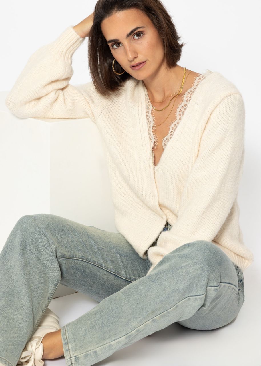 Cardigan with lace neckline - offwhite