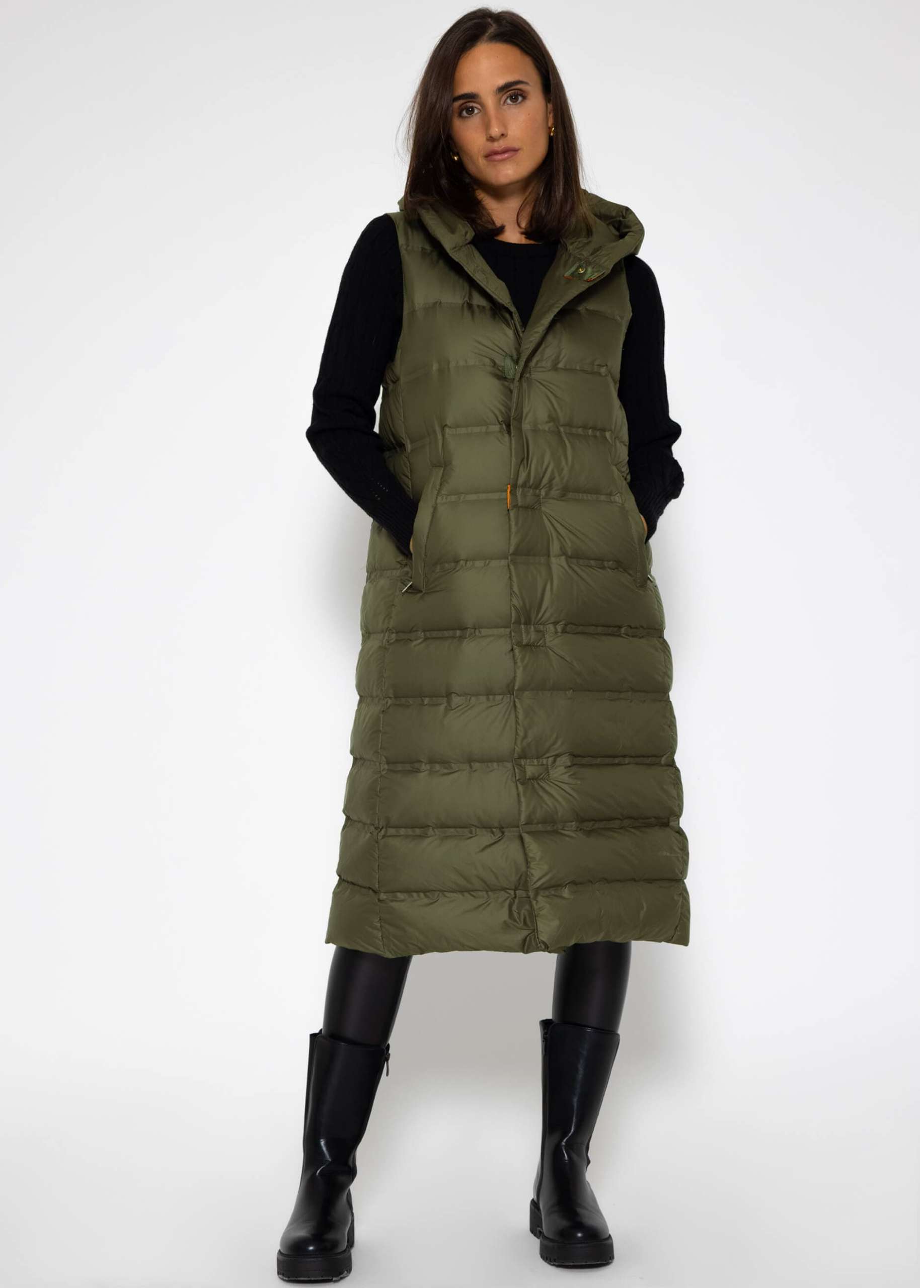 Long quilted waistcoat with hood - khaki