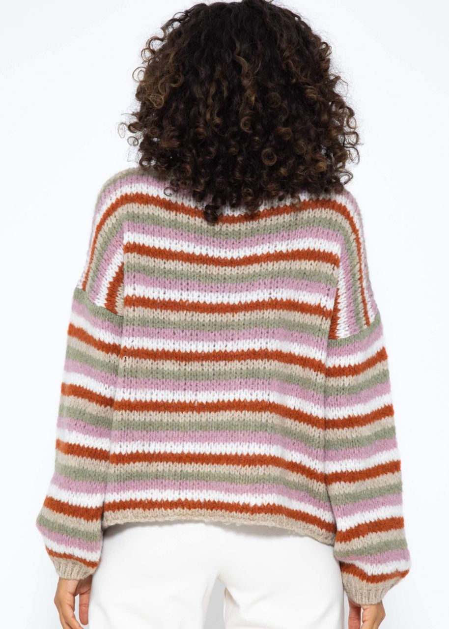 Round neck jumper with colourful striped stripes - beige