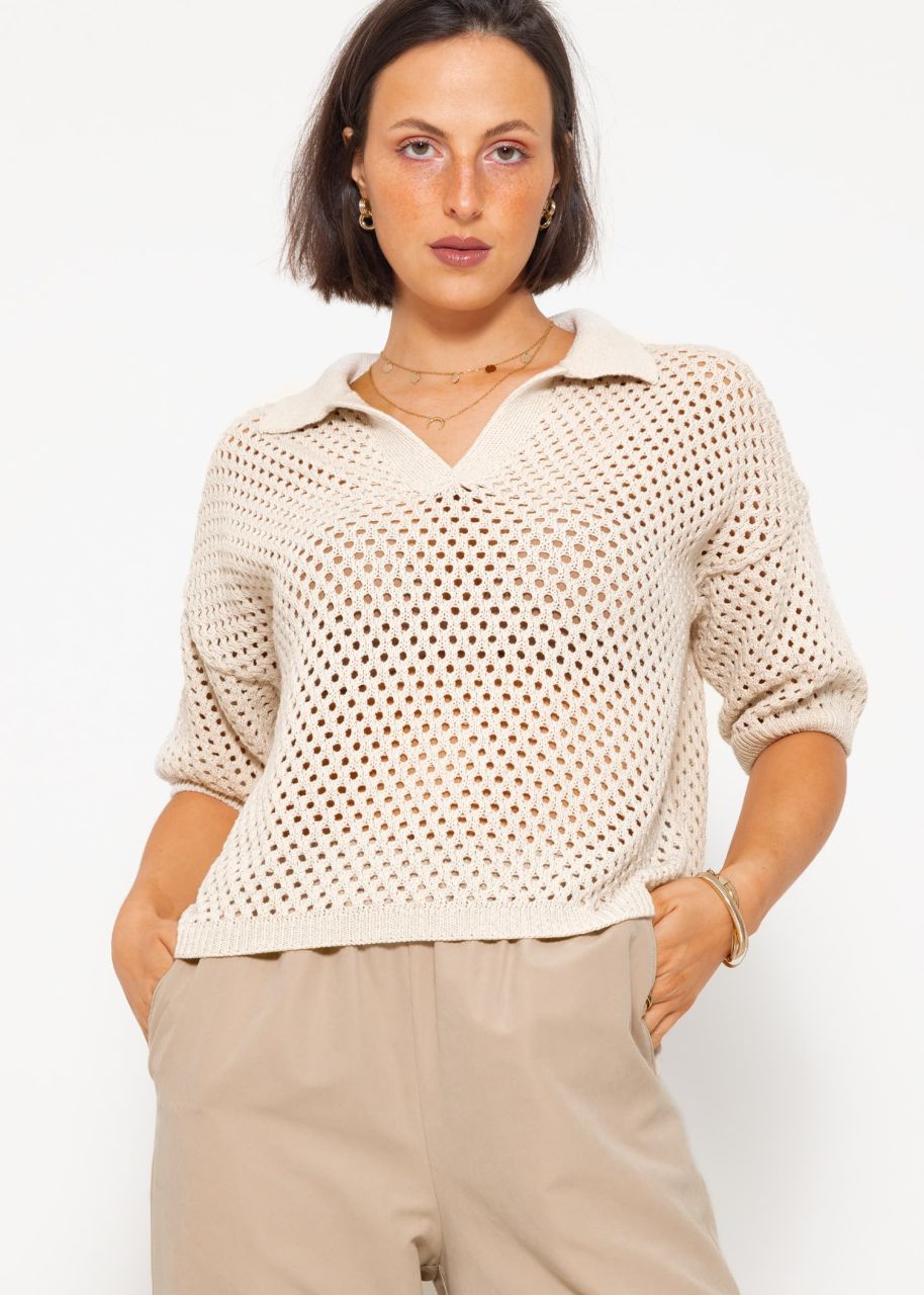 Short sleeve polo sweater in perforated knit - light beige