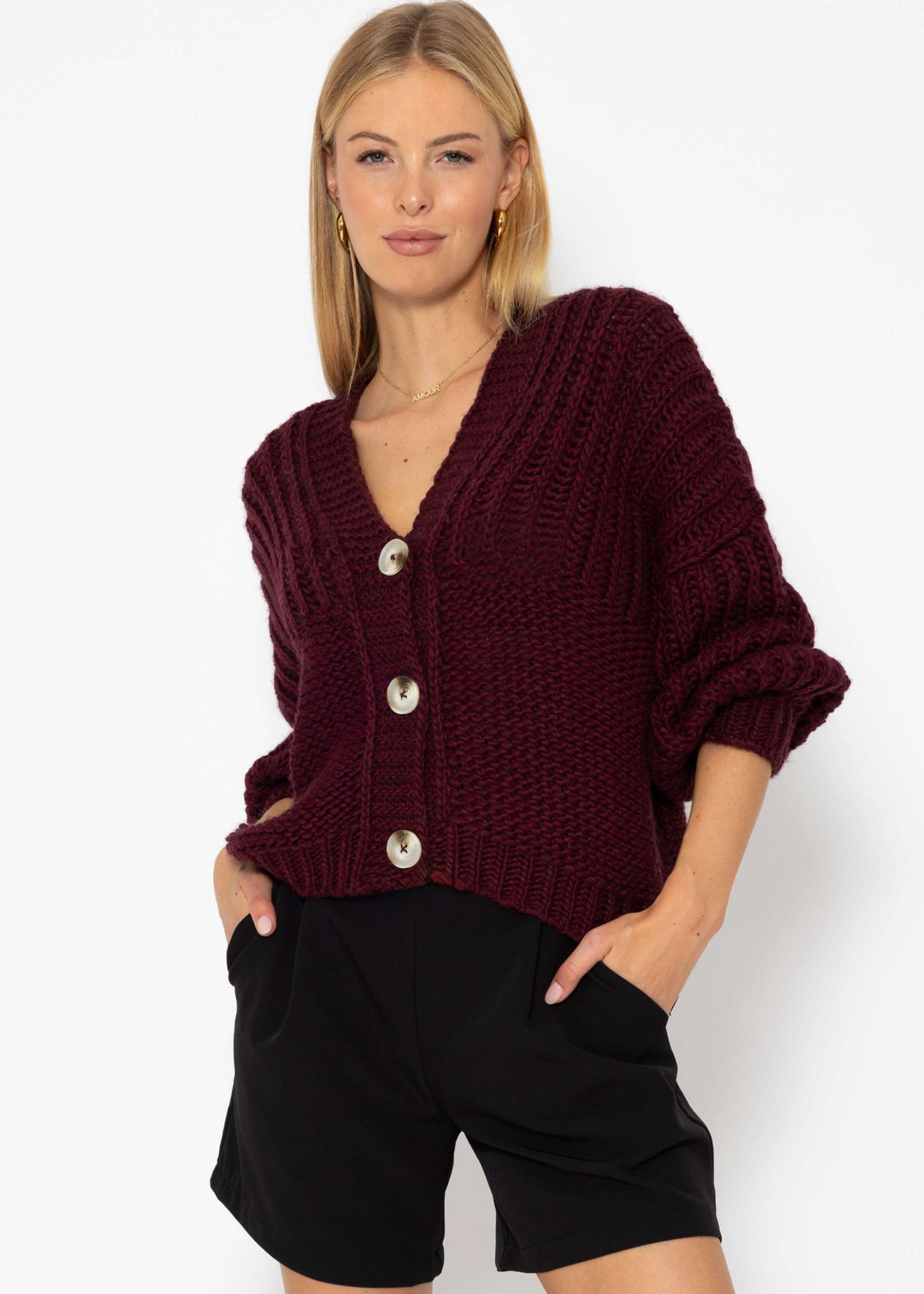 Jessica Haller Knitted cardigan with ribbed sleeves and button placket - burgundy