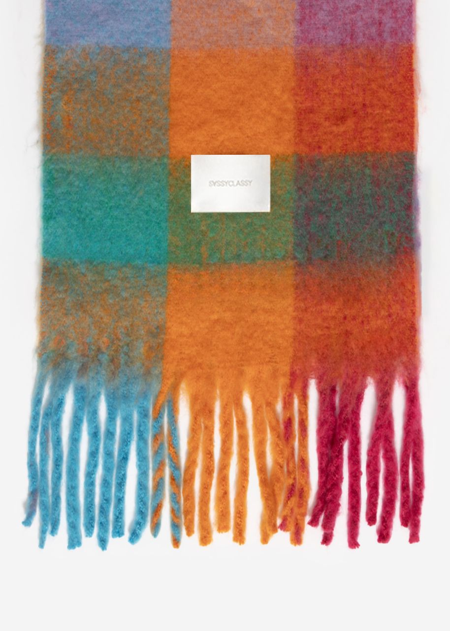 Checked fluffy scarf - orange-pink-blue