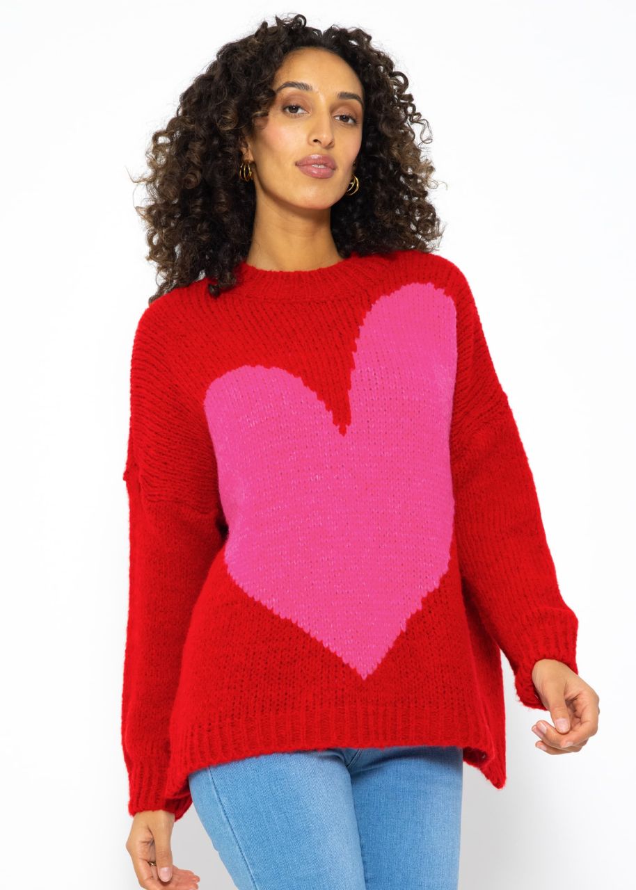 Oversized jumper with heart motif - red-pink