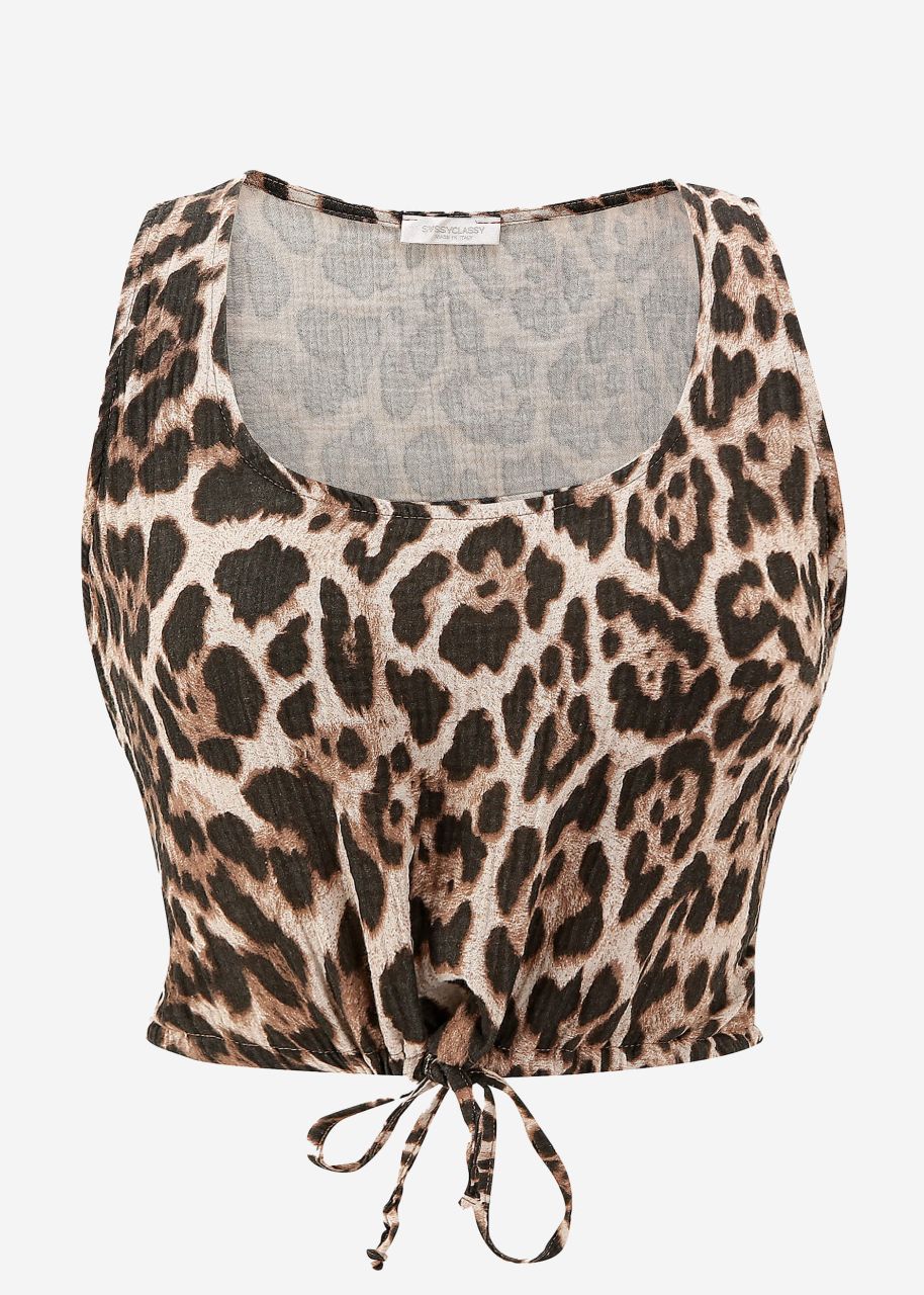 Muslin top with drawstring with leo print - brown