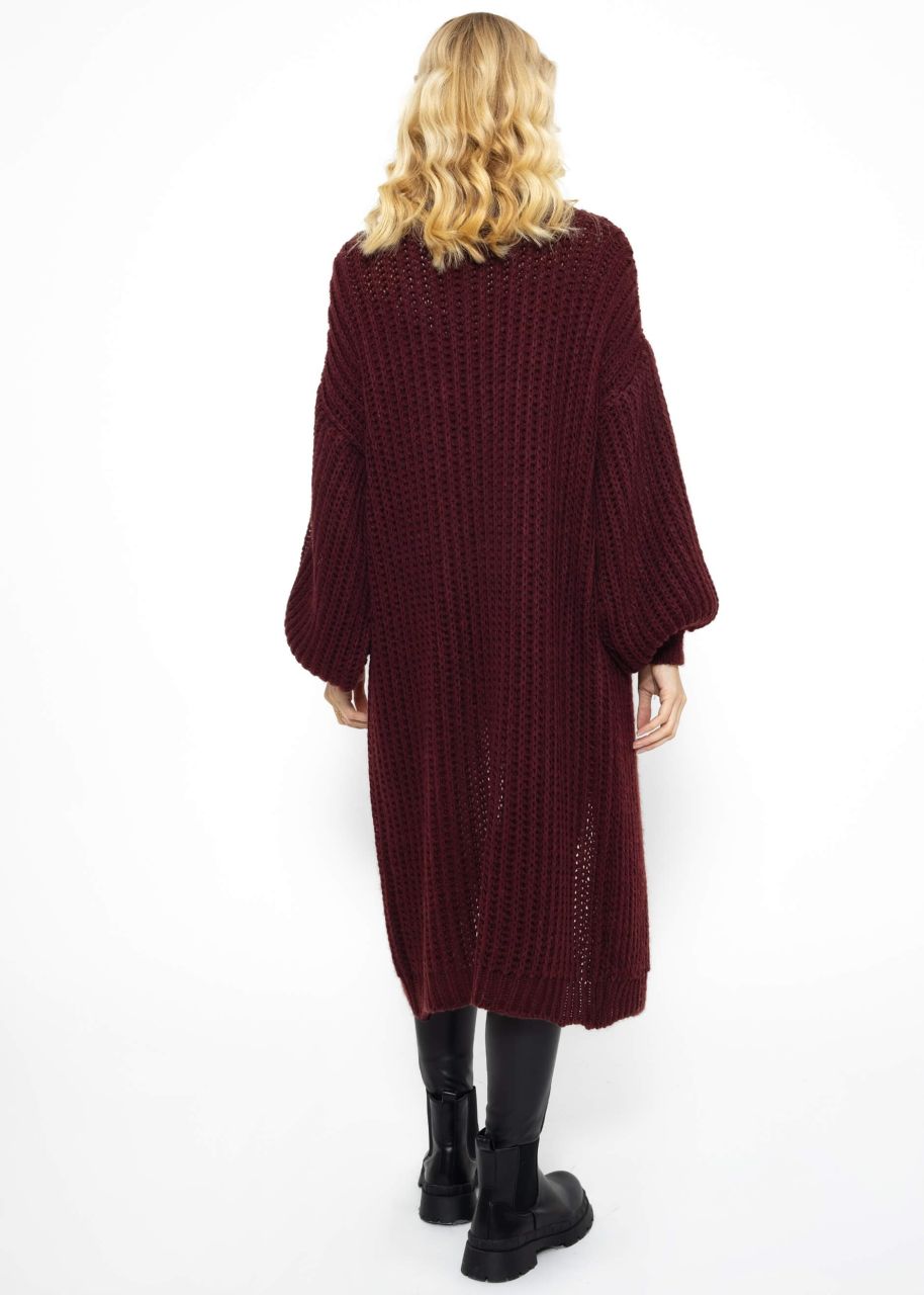 Ribbed long cardigan with balloon sleeves - burgundy