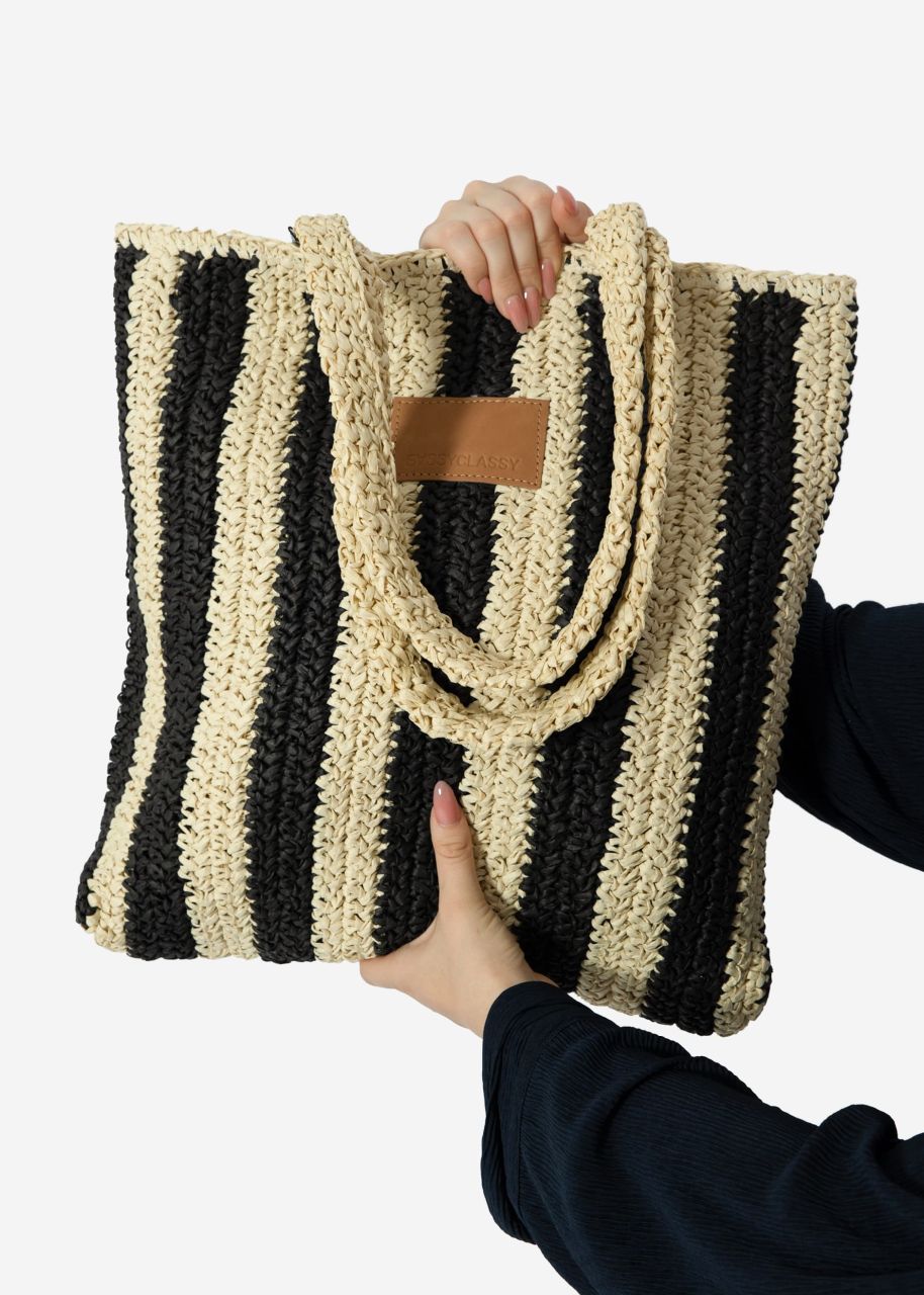 Striped raffia shopper - black