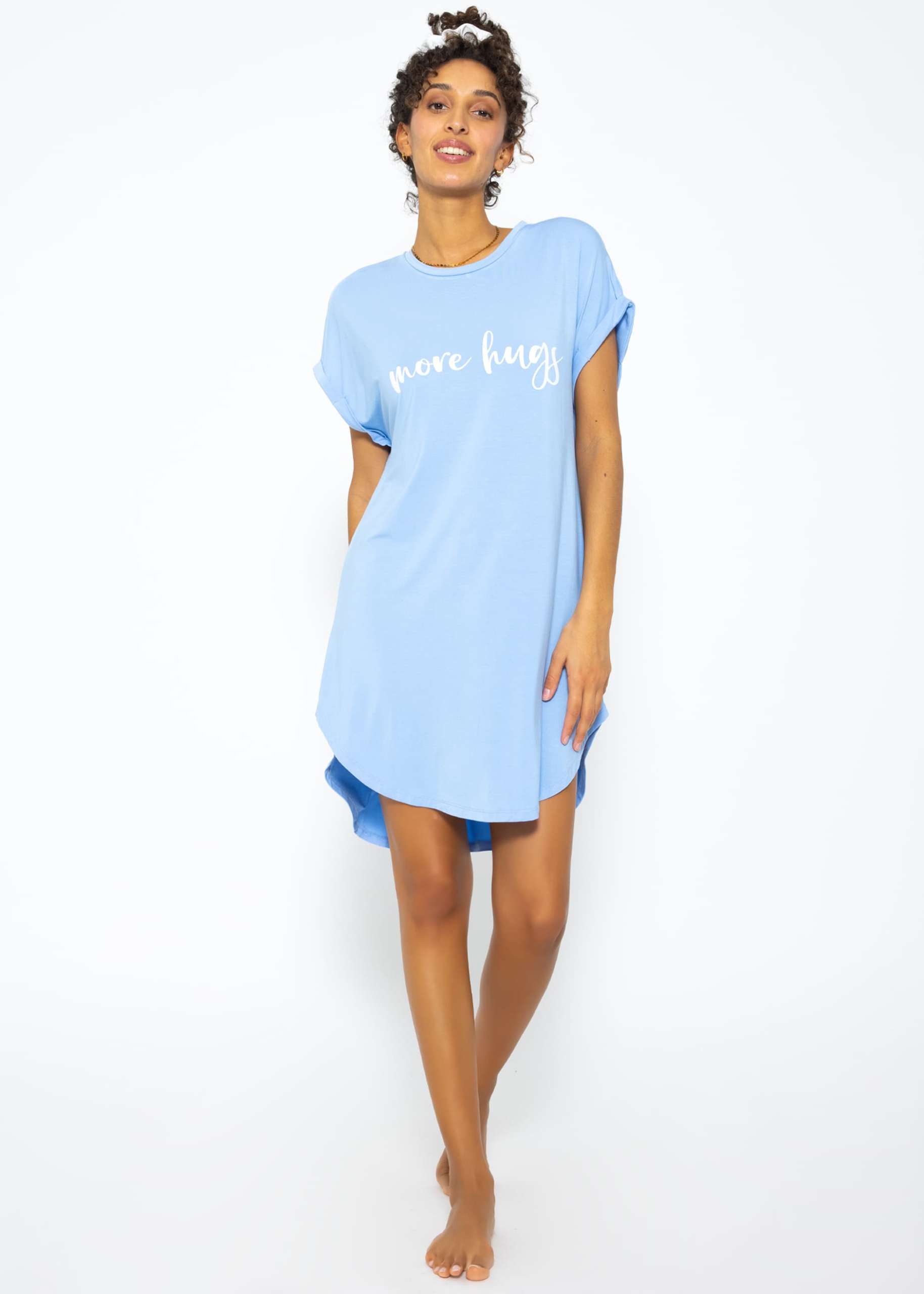 Long pyjama shirt with print - light blue