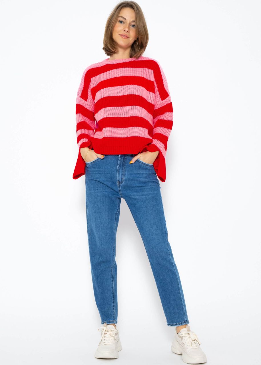 Striped jumper with wide sleeves - pink-red