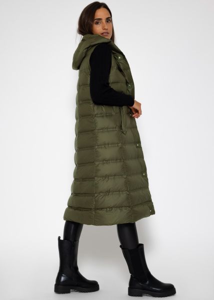 Long quilted waistcoat with hood - khaki