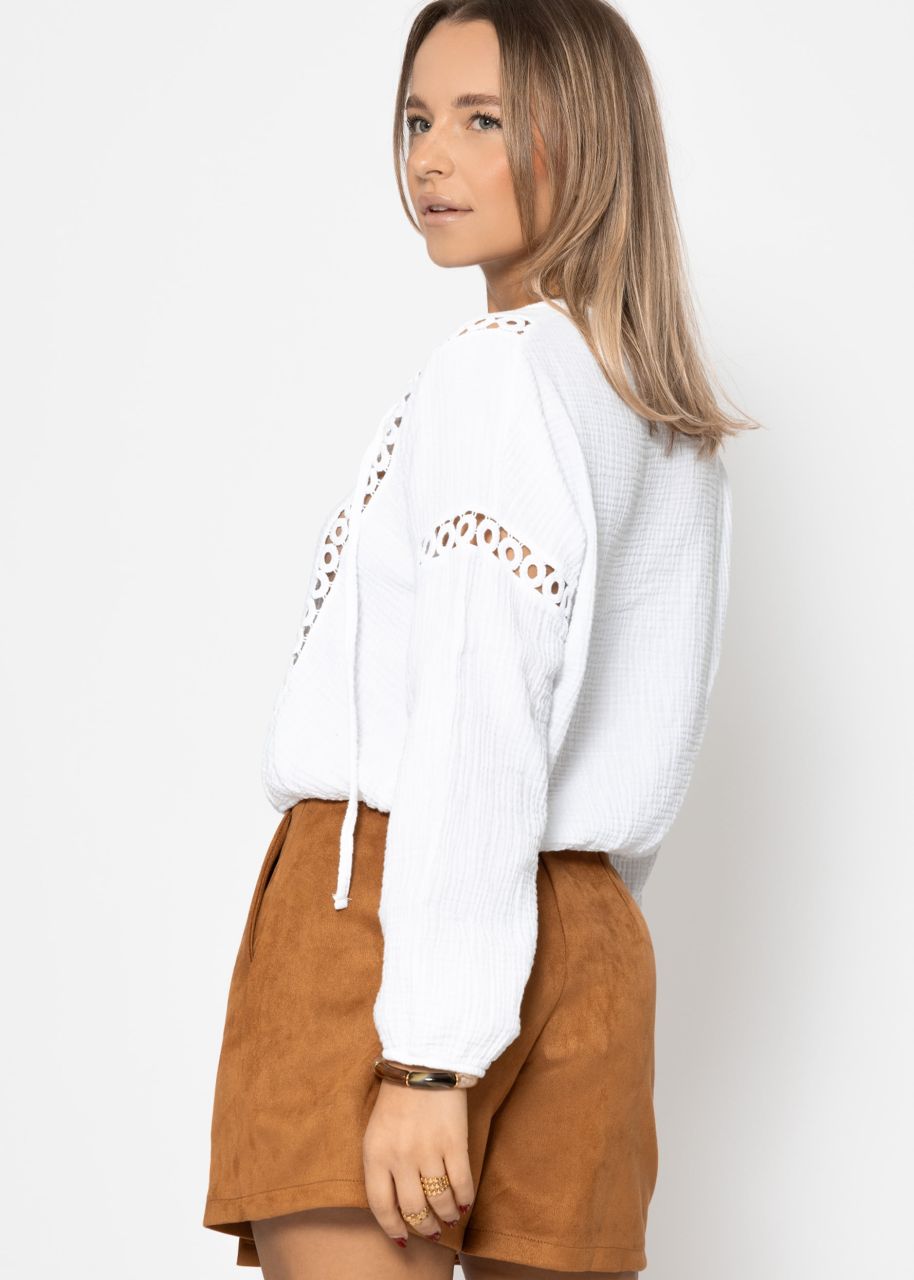 Muslin blouse with lace insert - white