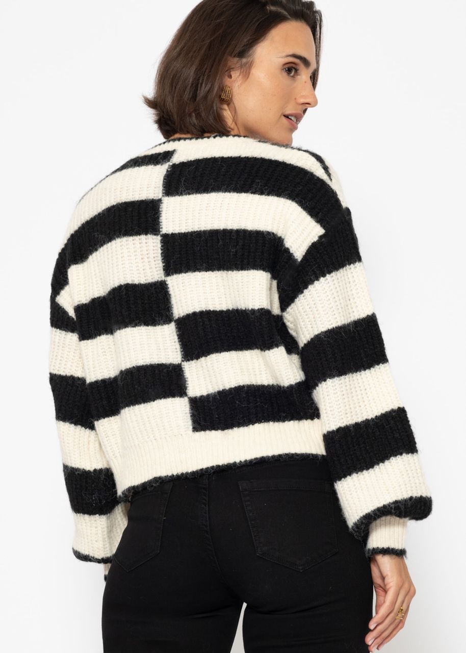 Fluffy sweater with offset block stripes - black-offwhite