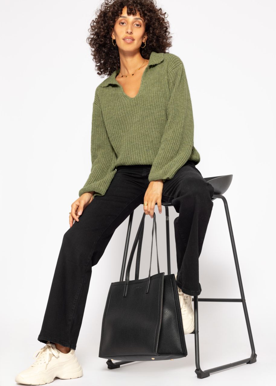 Oversized jumper with V-neck and collar - khaki