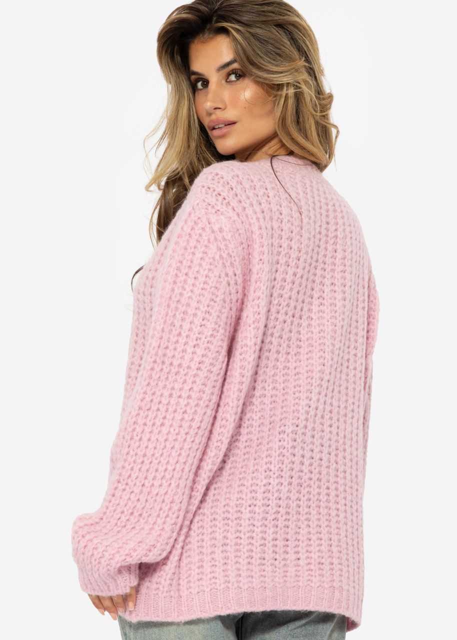 Oversized chunky knit jumper with V-neck - pink