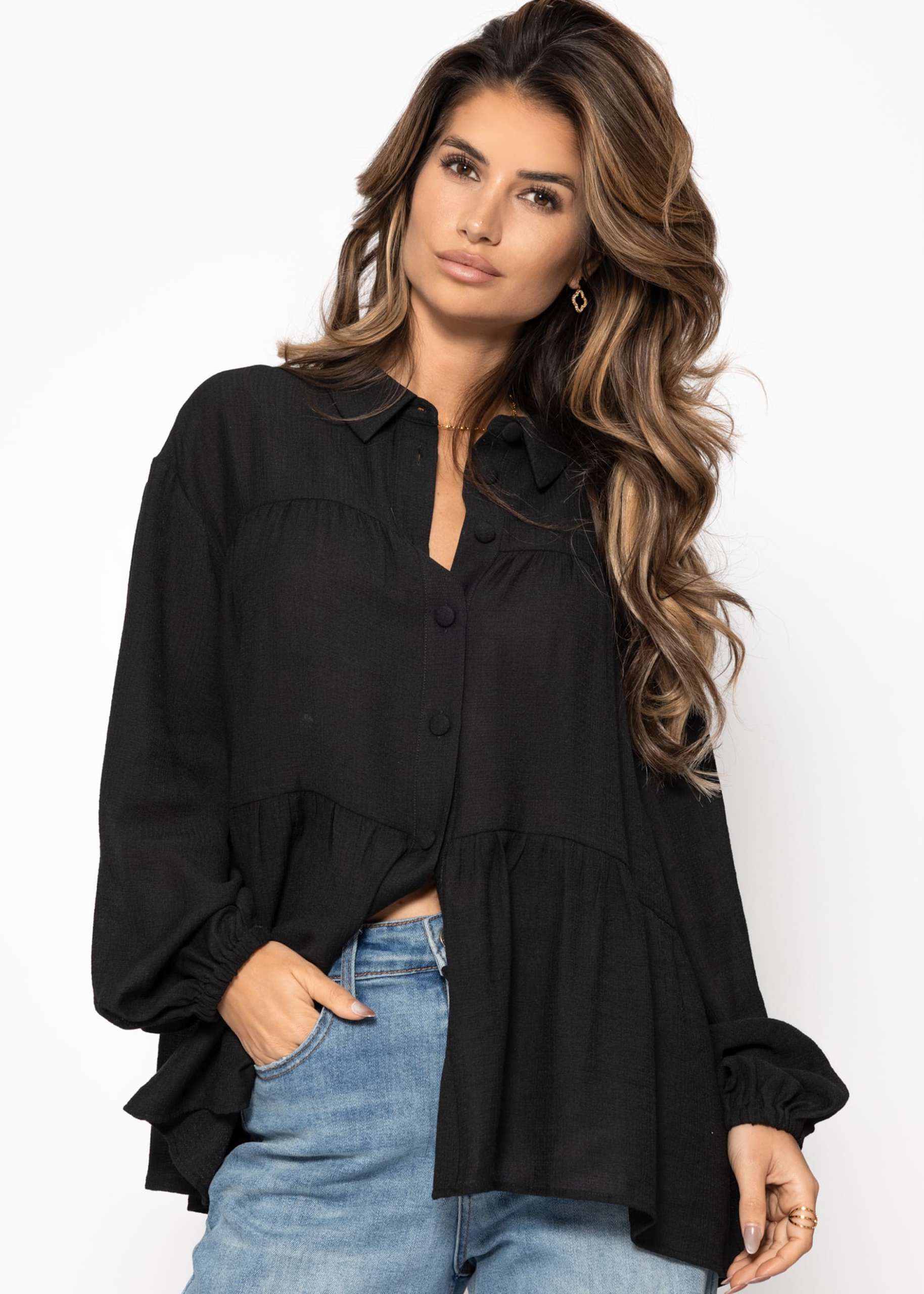 Lightweight blouse with flounces - black