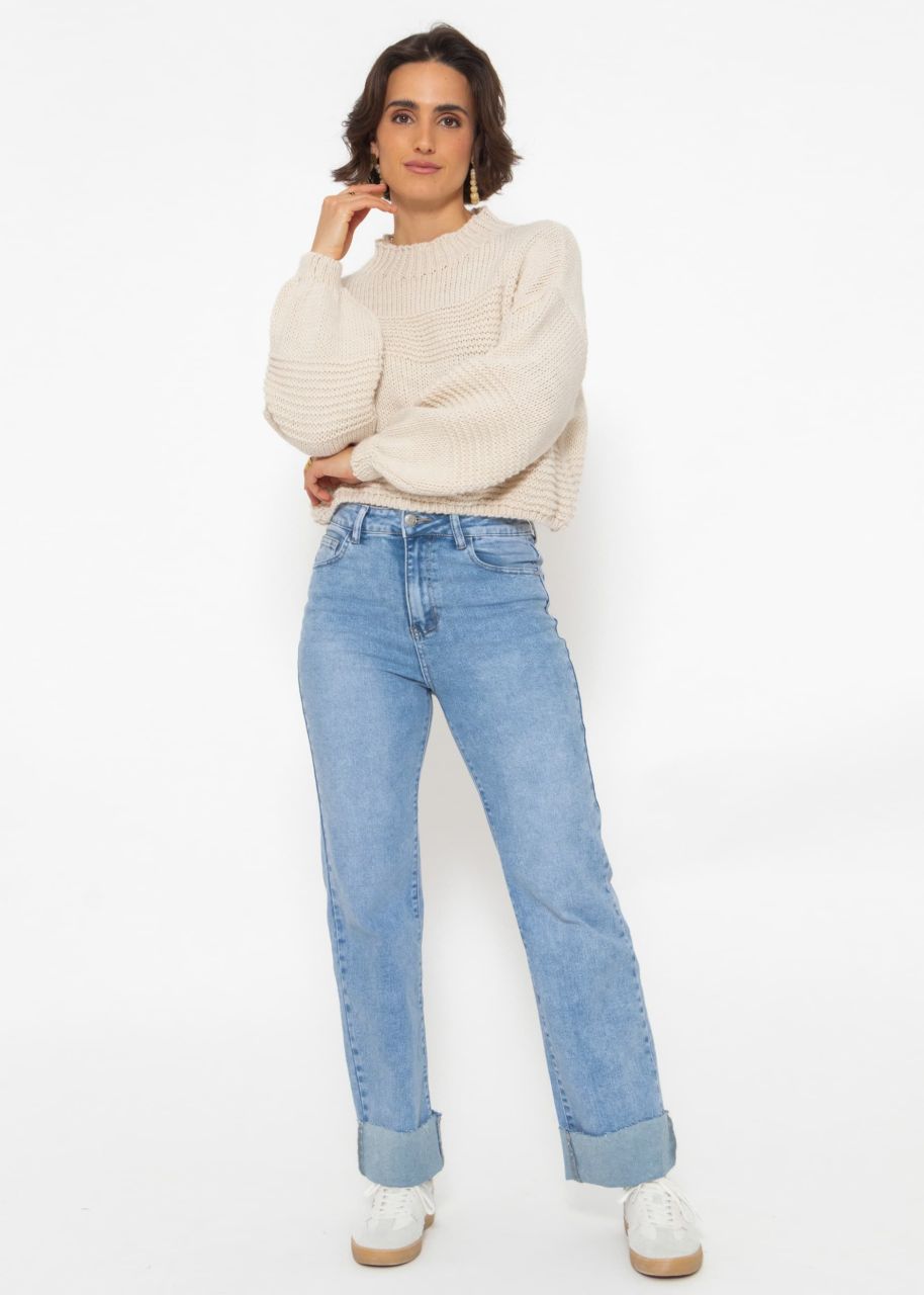 Crop knit sweater with texture - offwhite