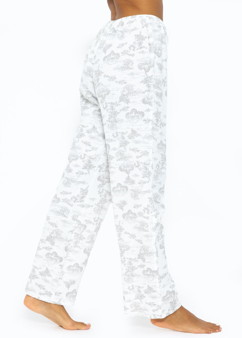 Muslin pyjama bottoms with print - white-taupe