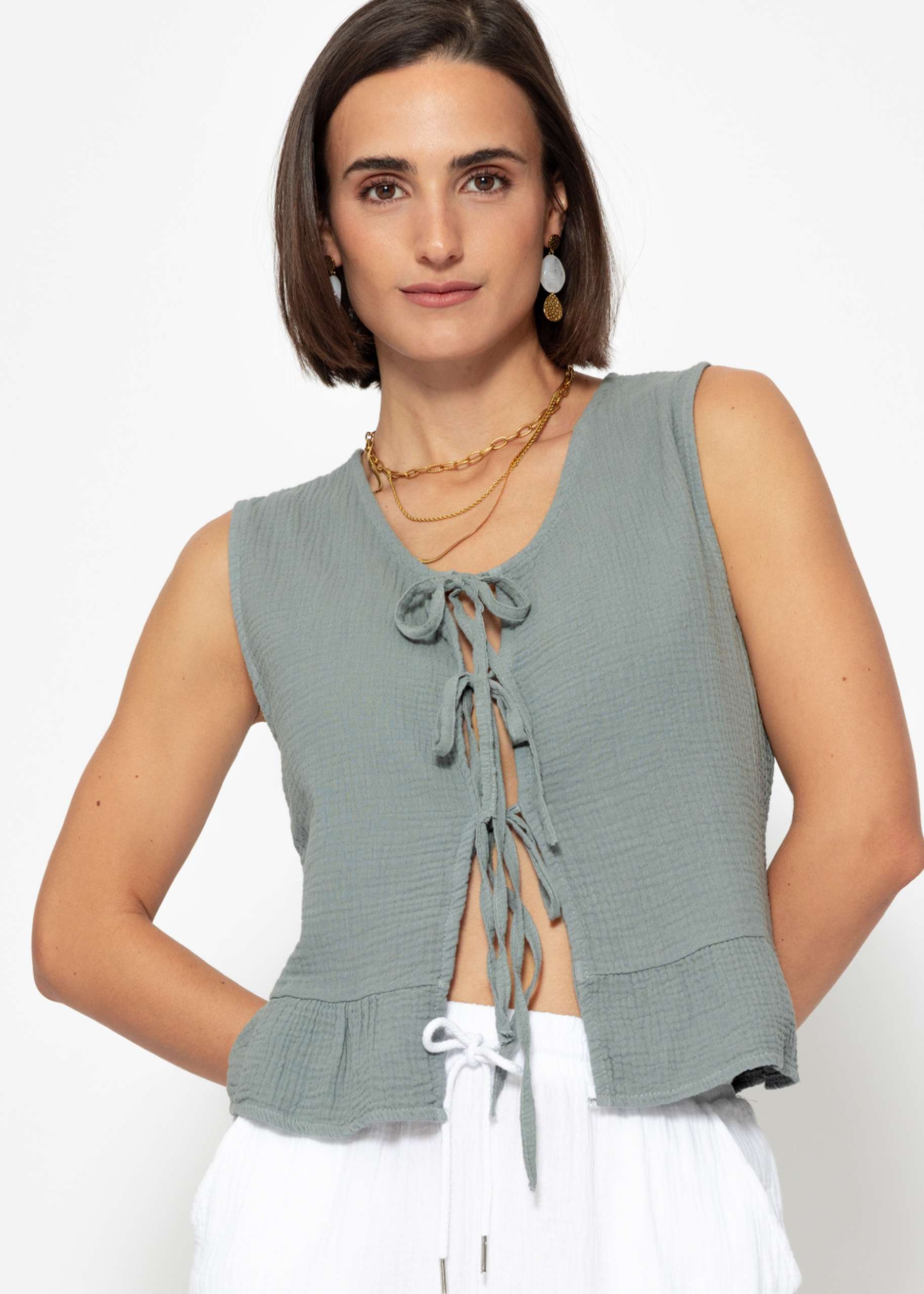 Muslin top with bow fastening - grey