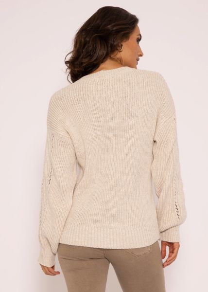 Round neck sweater with cable knit, beige