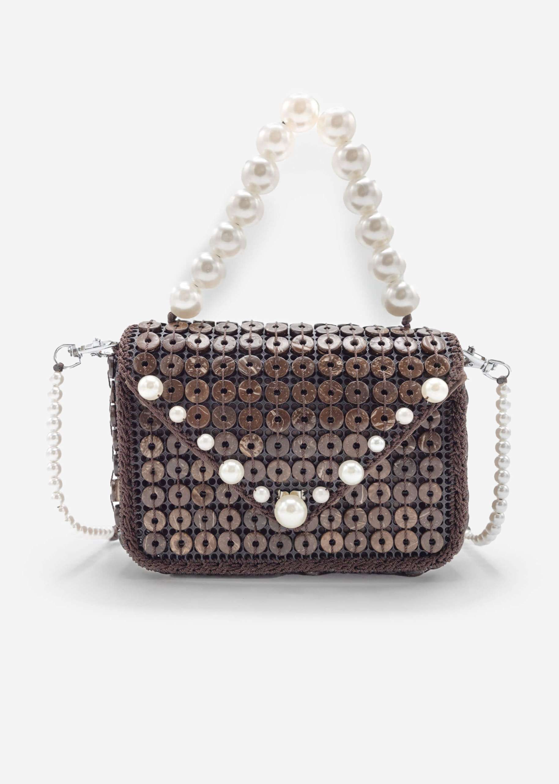 Small bag with white pearl handle - dark brown