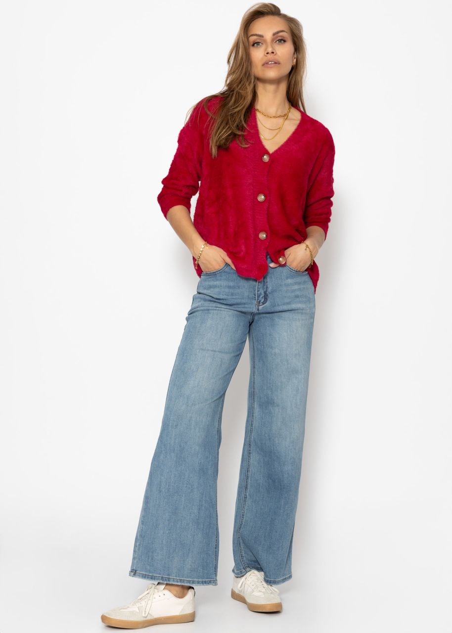 Fluffy cardigan with buttons - berry