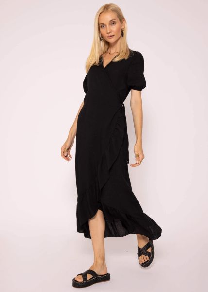 Long wrap dress with linen structure, black