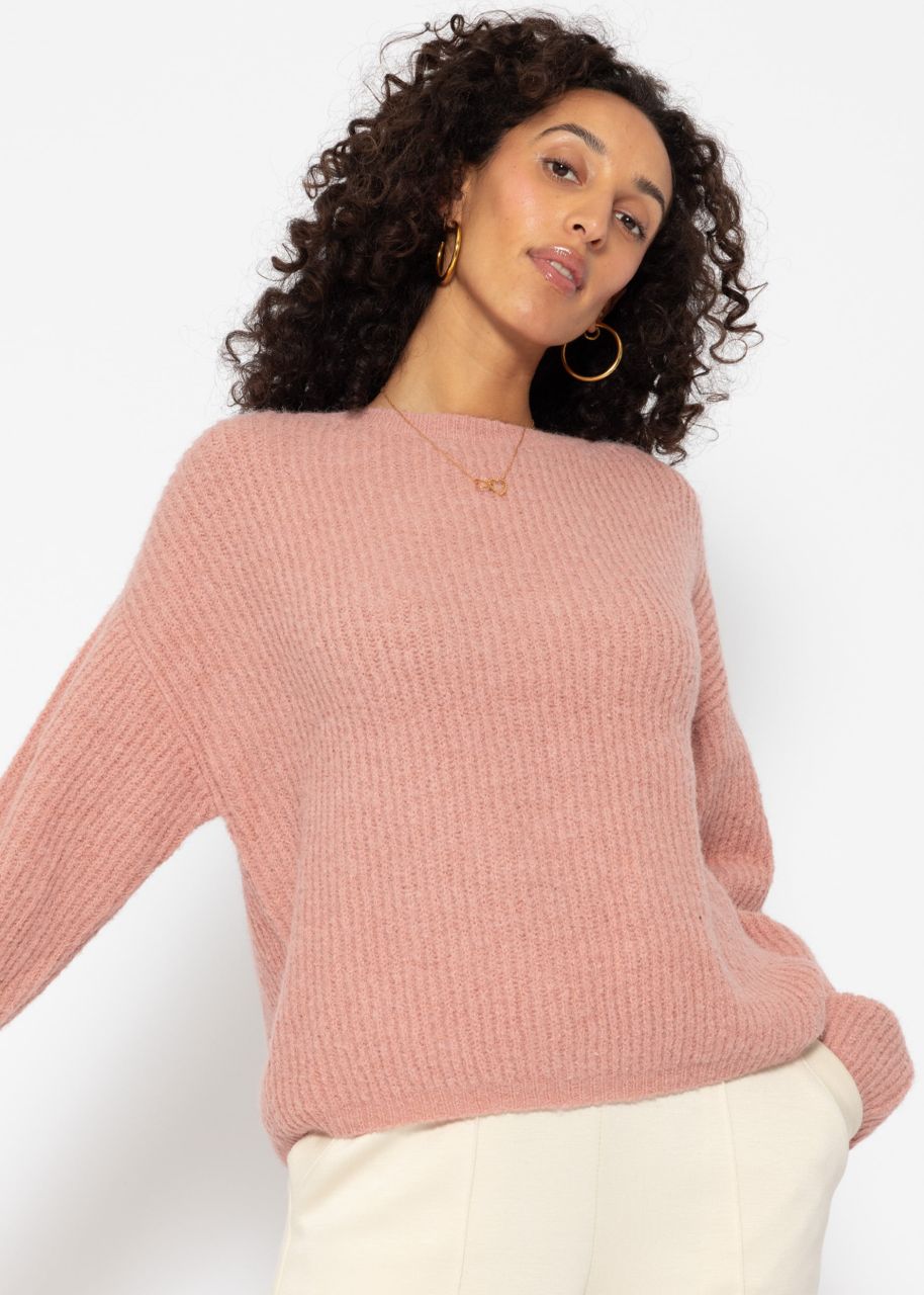 Ribbed jumper with round neckline - dusky pink