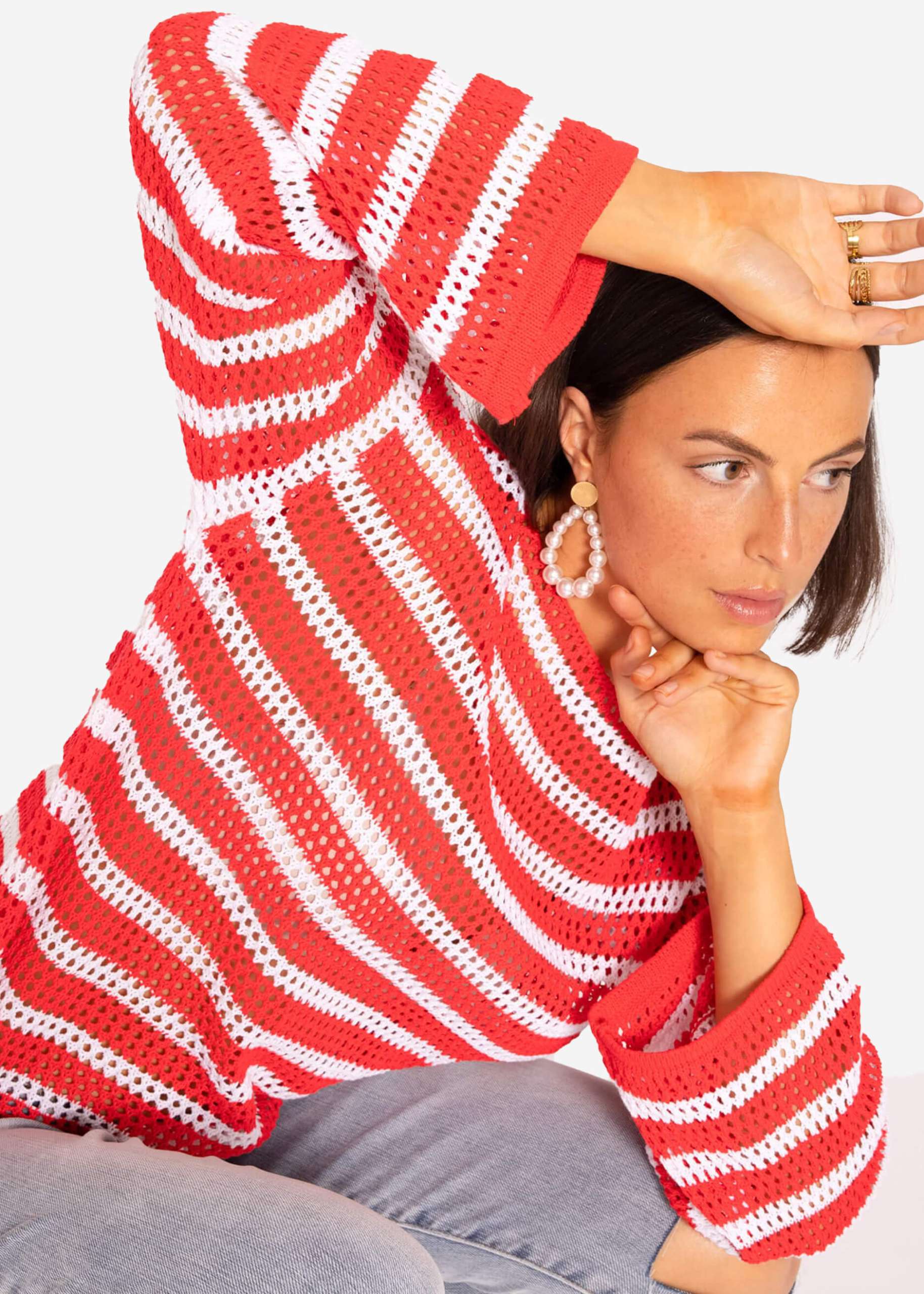 Stripe Crochet Sweater, Red-White