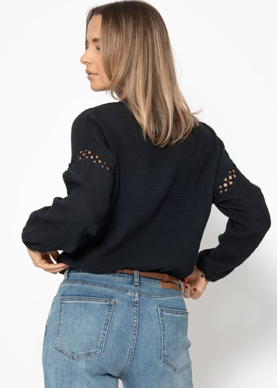 Muslin blouse with lace insert - black