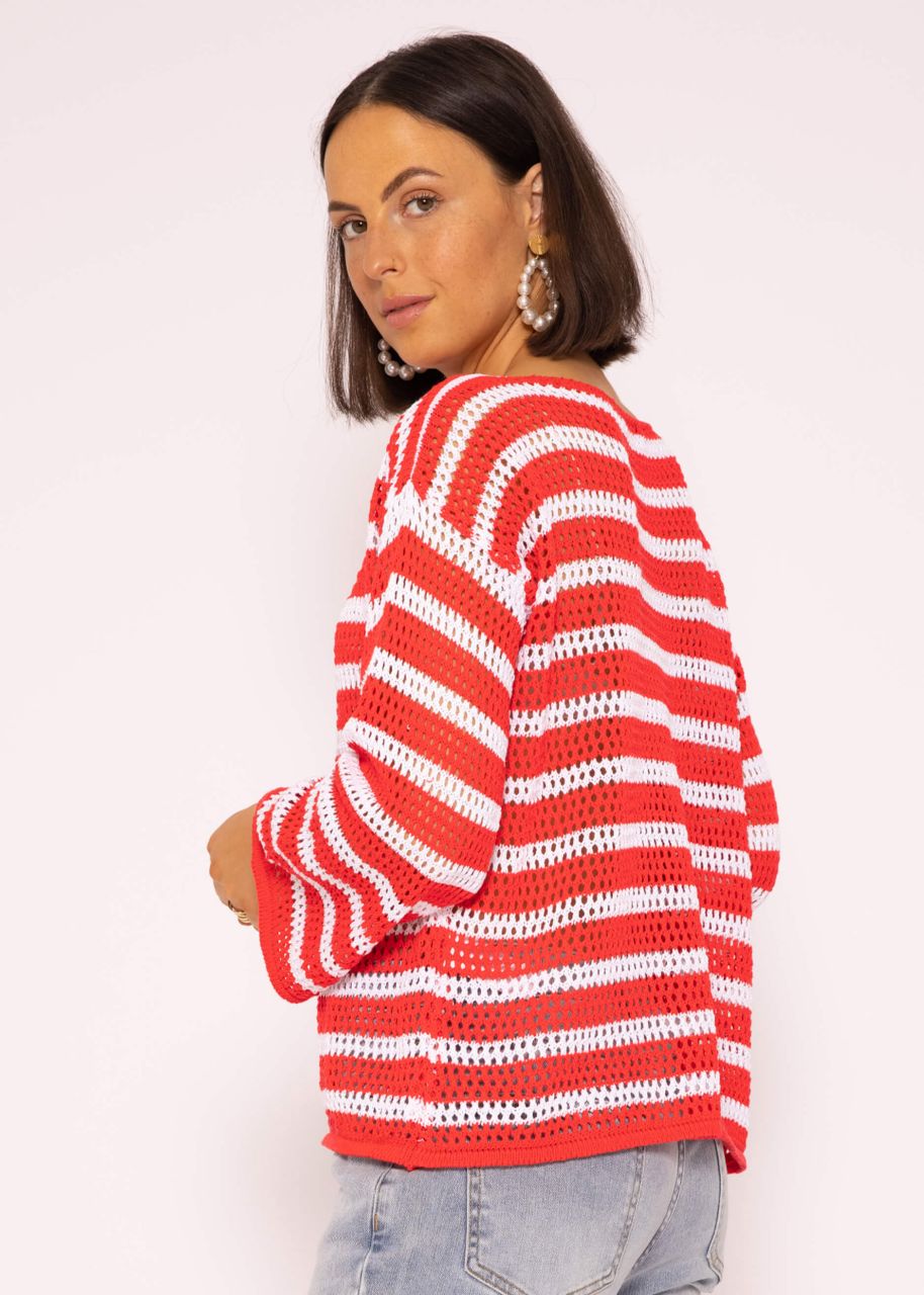 Stripe Crochet Sweater, Red-White