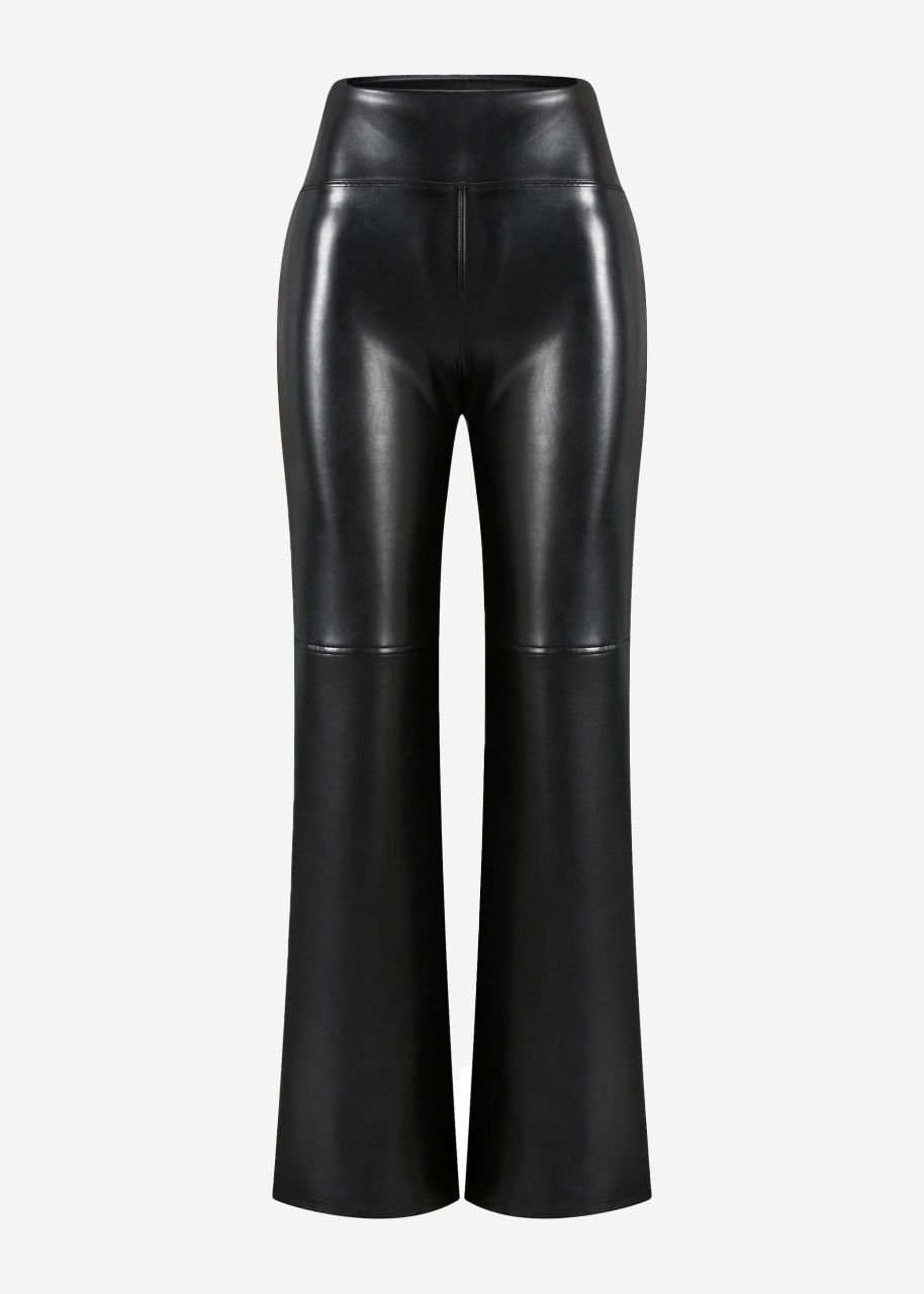 High-rise flared leggings made of faux leather with a wide waistband - black