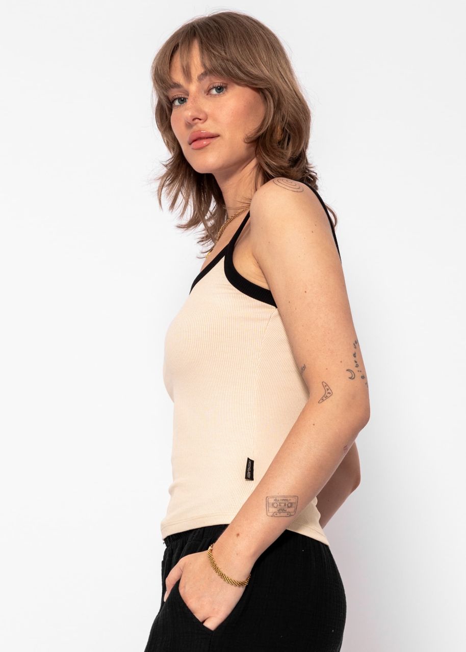 Asymmetric tank top with black trims - beige